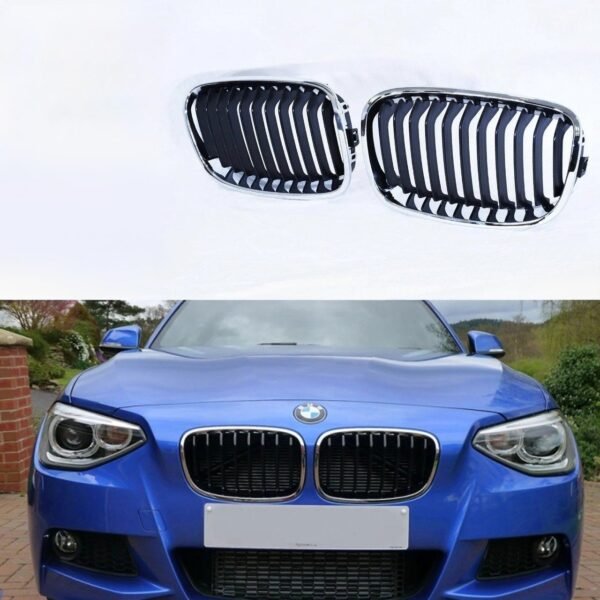 KMH Replacement Grill For BMW 1 Series F20 (Outer Chrome with Black Fins, Set Of 2Pcs)